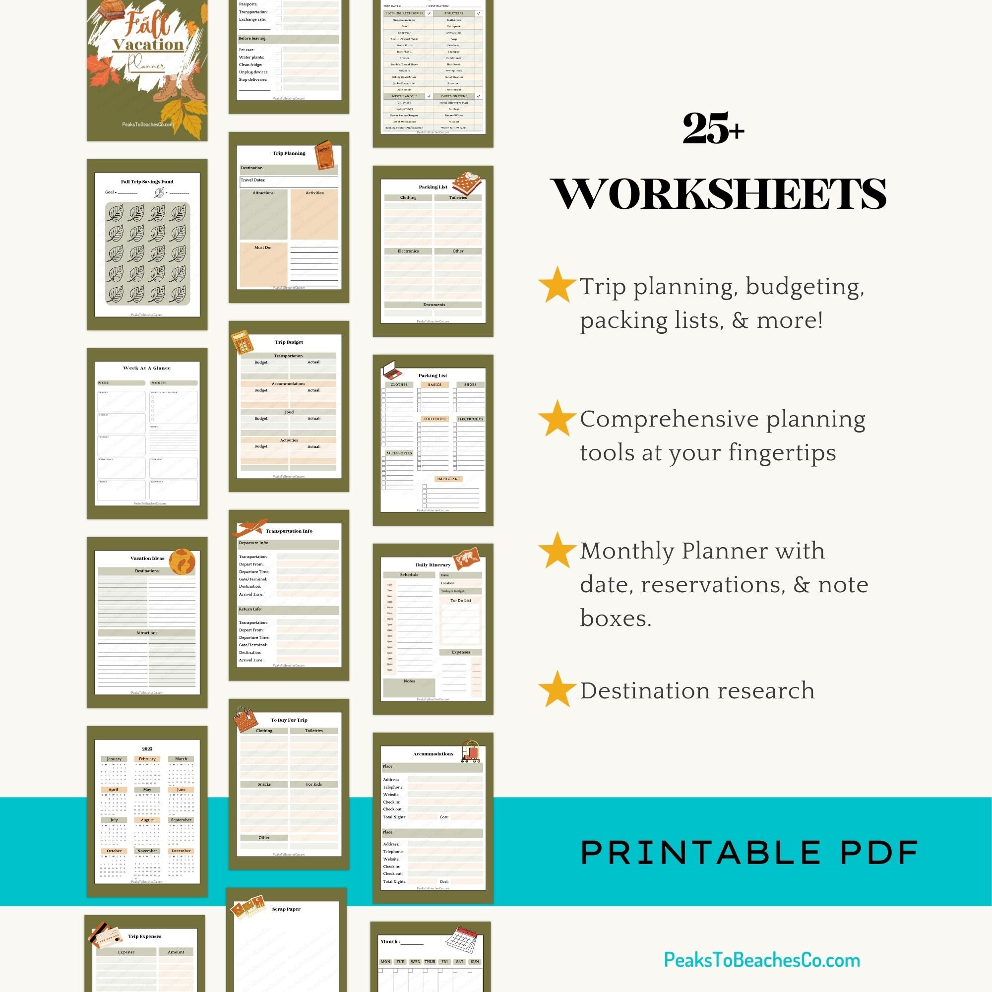 Fall Vacation Planner - PRINT AT HOME - Peaks to Beaches Co