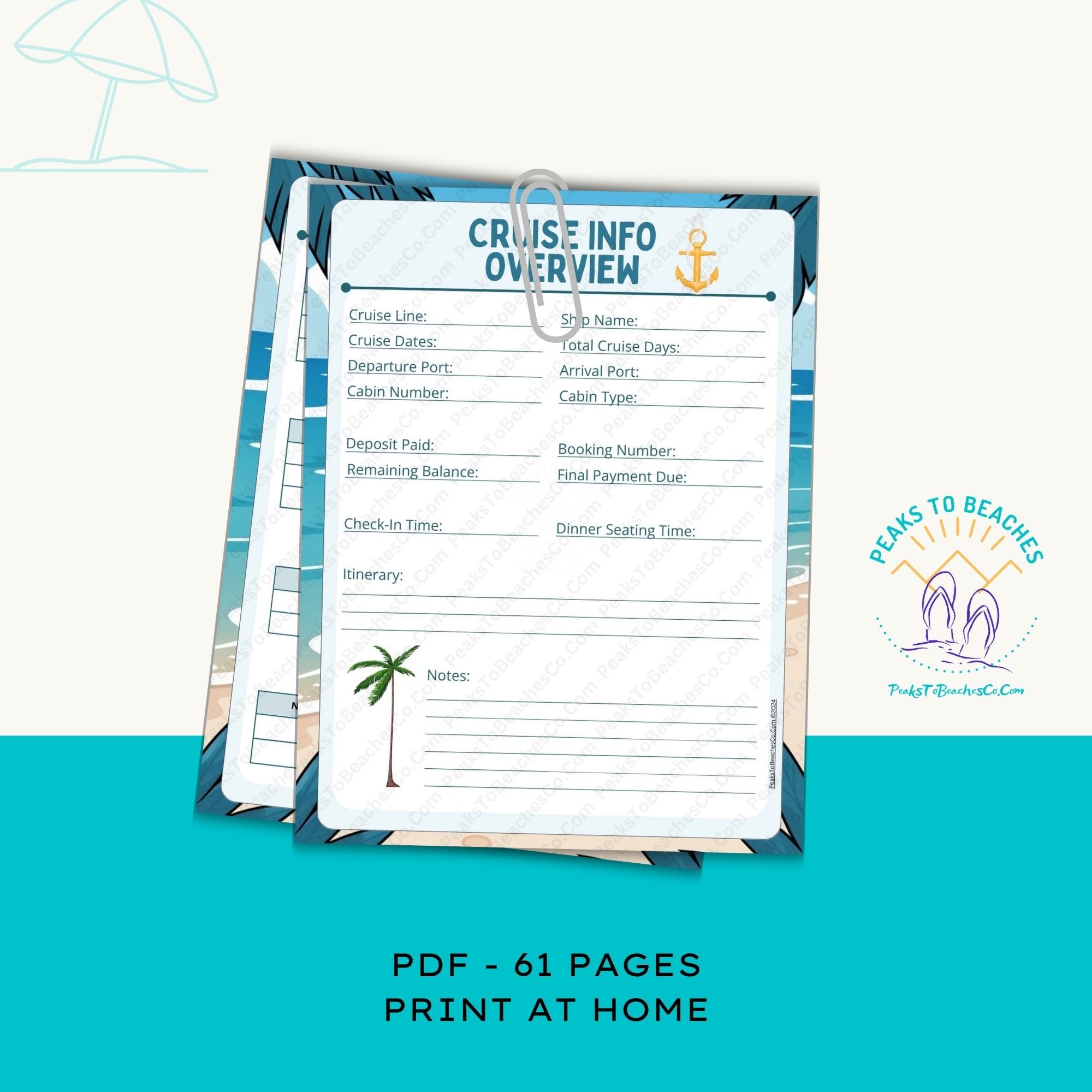 Let's Sail! Cruise Planner - PRINT AT HOME - Peaks to Beaches Co