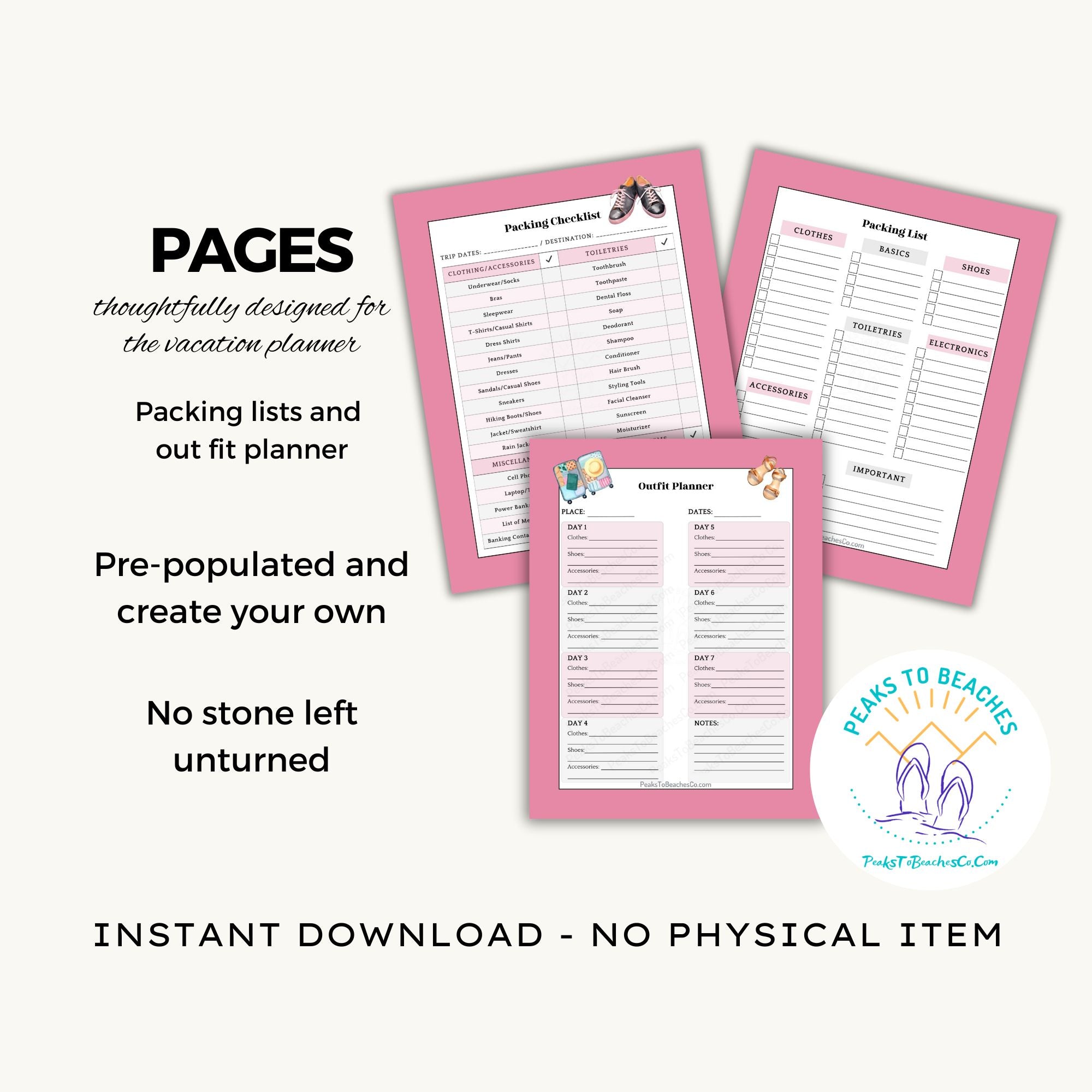 My Vacation Planner - PRINT AT HOME - Peaks to Beaches Co Planner