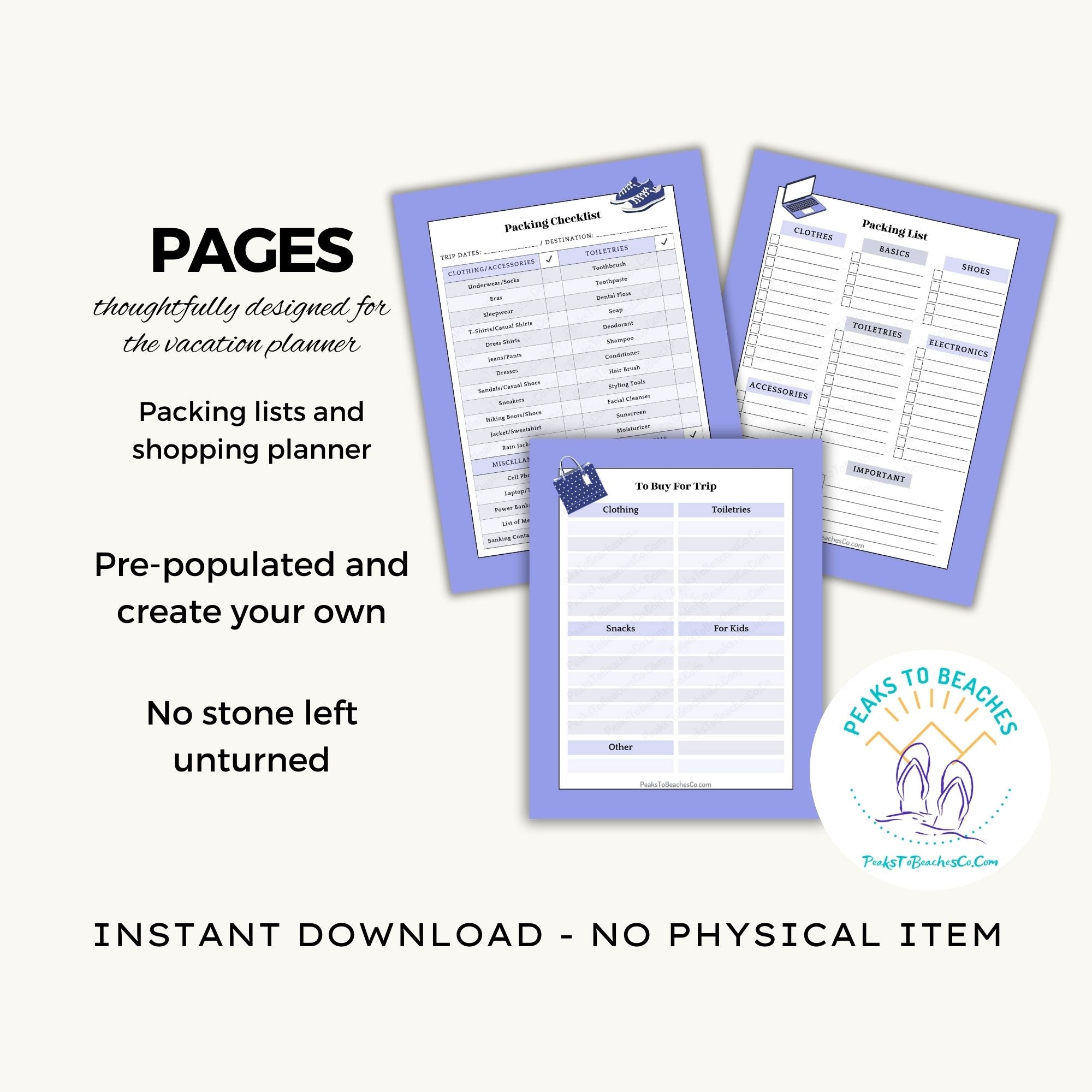 Spring Vacation Planner - PRINT AT HOME - Peaks to Beaches Co Planner
