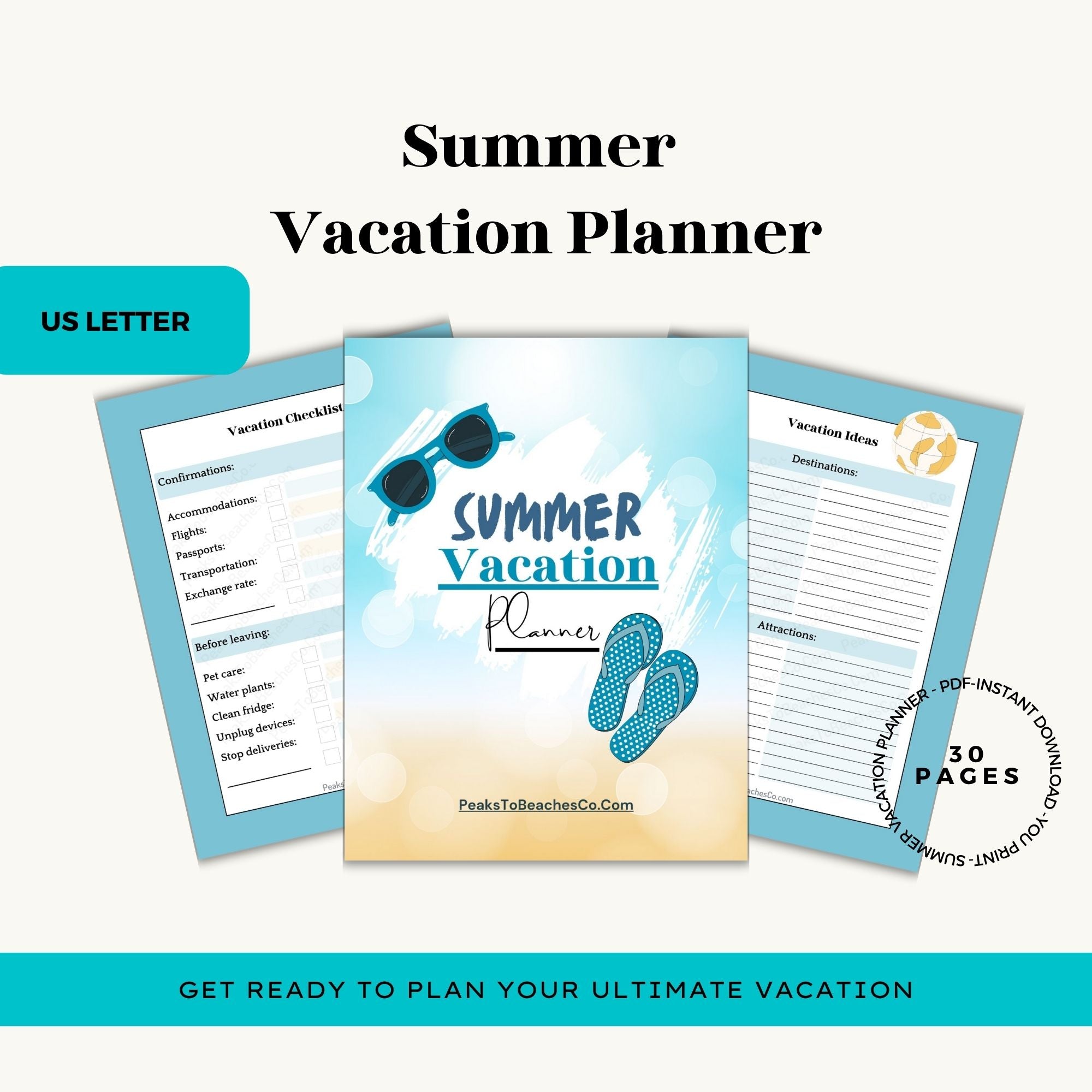 Summer Vacation Planner - PRINT AT HOME - Peaks to Beaches Co Planner