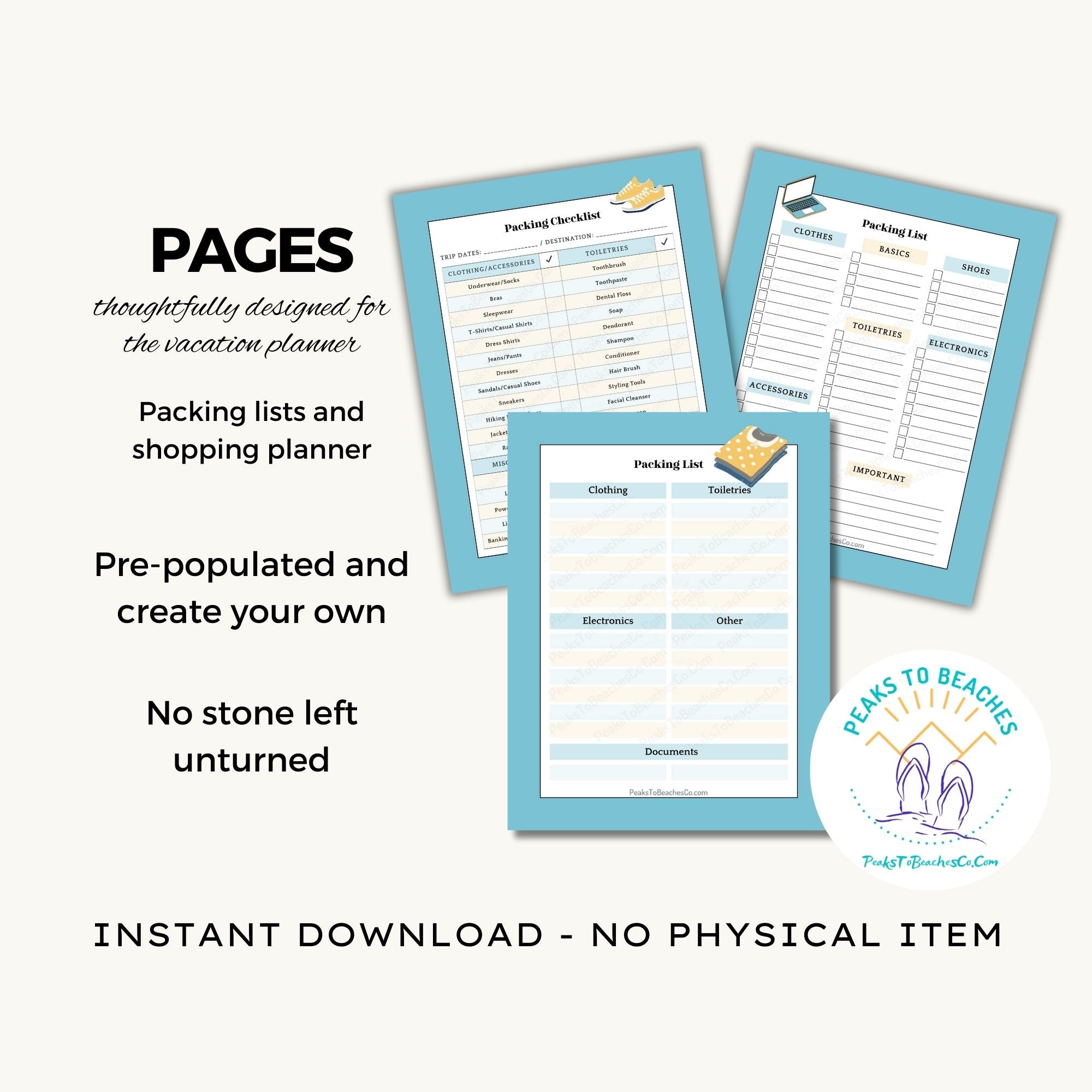 Summer Vacation Planner - PRINT AT HOME - Peaks to Beaches Co Planner