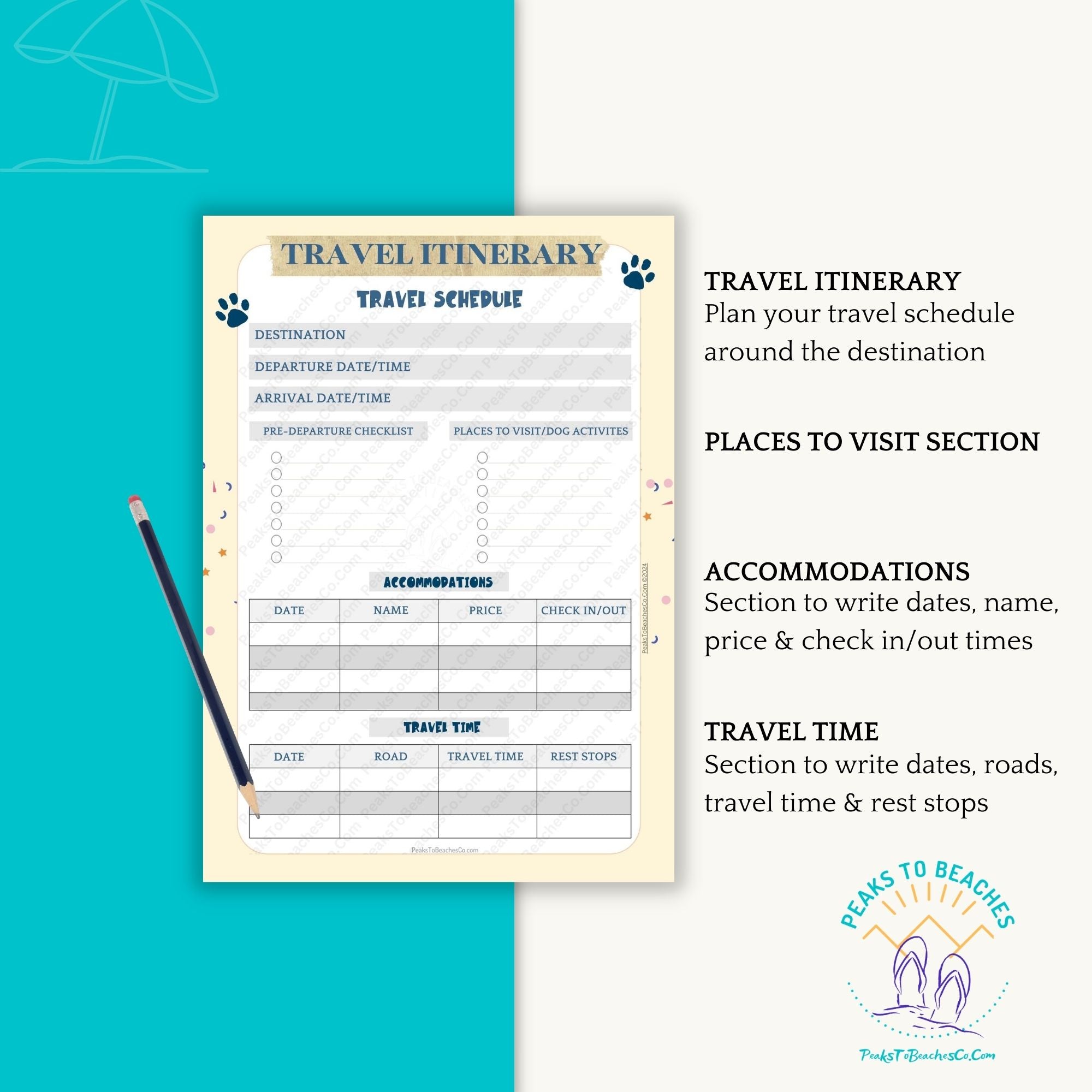 Traveling With Your Dog Planner - PRINT AT HOME - Peaks to Beaches Co Planner