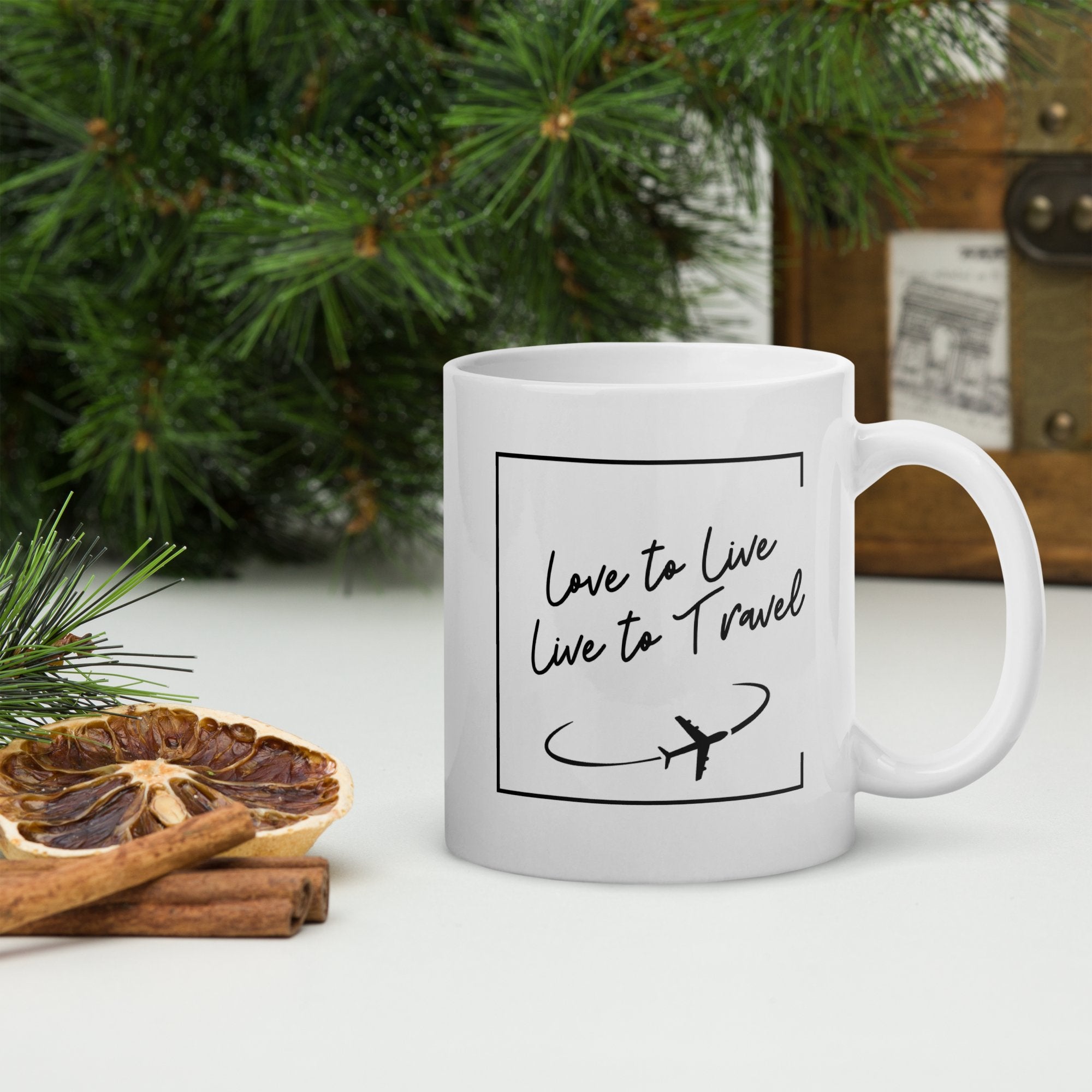 Live To Travel White glossy mug - Peaks to Beaches Co Drinkware