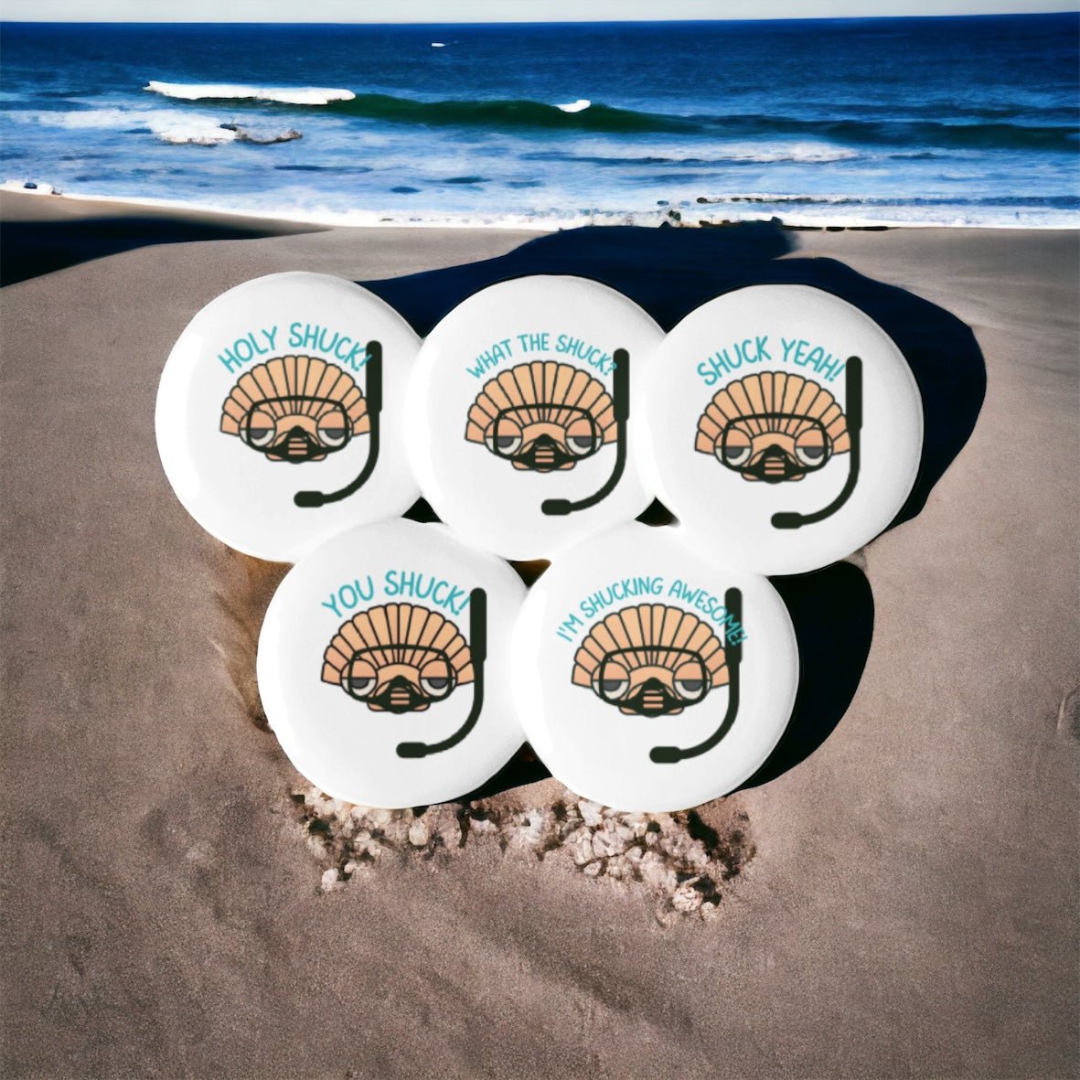 Shuck Yeah! Set Of 5 Buttons - Peaks to Beaches Co Decorative Pins
